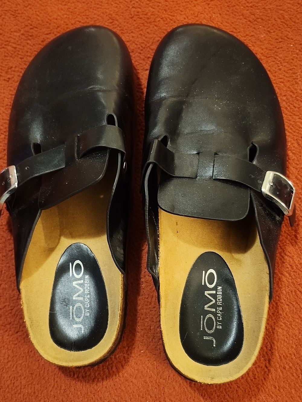 Jomo Carrera Black Leather Buckle Clogs for Women